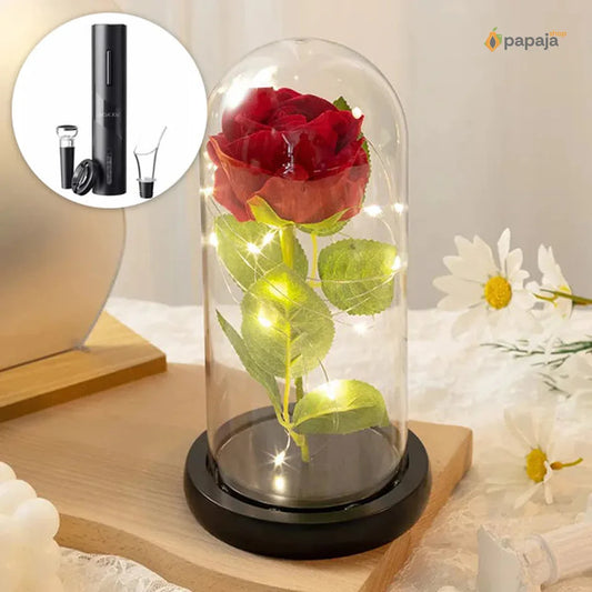Svetleća zastakljena ruža + Električni otvarač za vino PAPAJA ROMANTIC COMBO