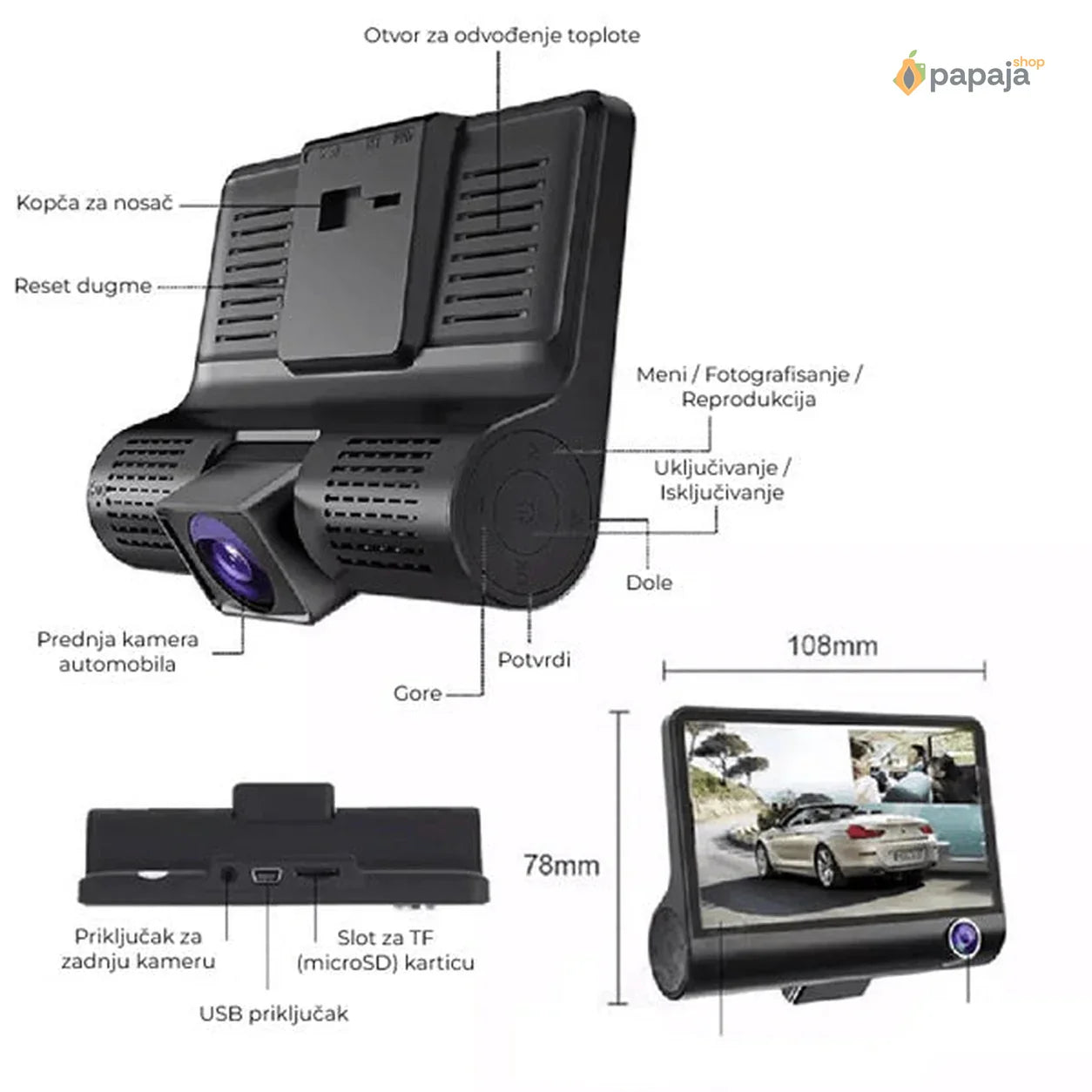 Auto kamera 3 u 1 Full HD prednja, zadnja i unutrašnja