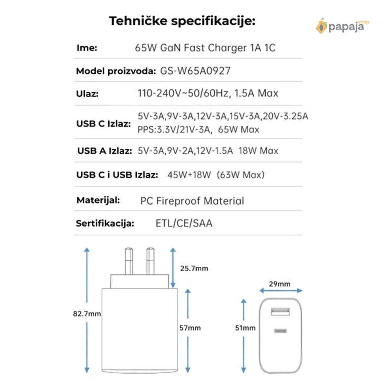 65W brzi USB-C/Type-C punjač - USB-C/Type-C adapter