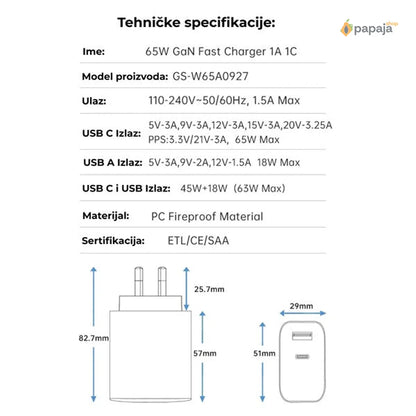 65W brzi USB-C/Type-C punjač - USB-C/Type-C adapter